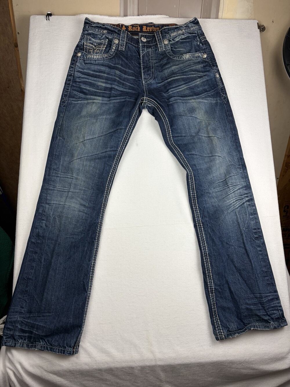Rock Revival Clive Boot Jeans Men’s 34 Blue Distressed Heavy Stitch Denim
